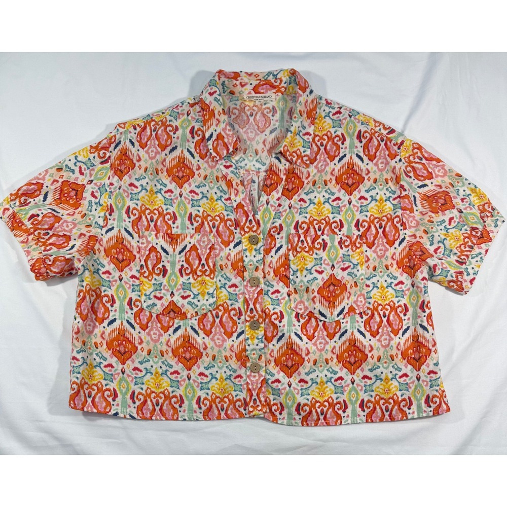 Christian Siriano New York XL Linen Blend Ikat Print Cropped Button Down Shirt